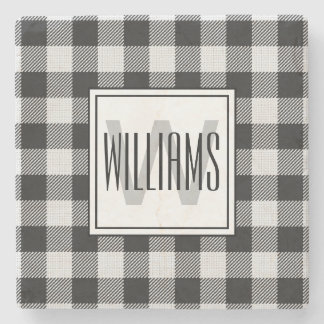 Trendy Black/White Buffalo Plaid Monogrammed Stone Coaster
