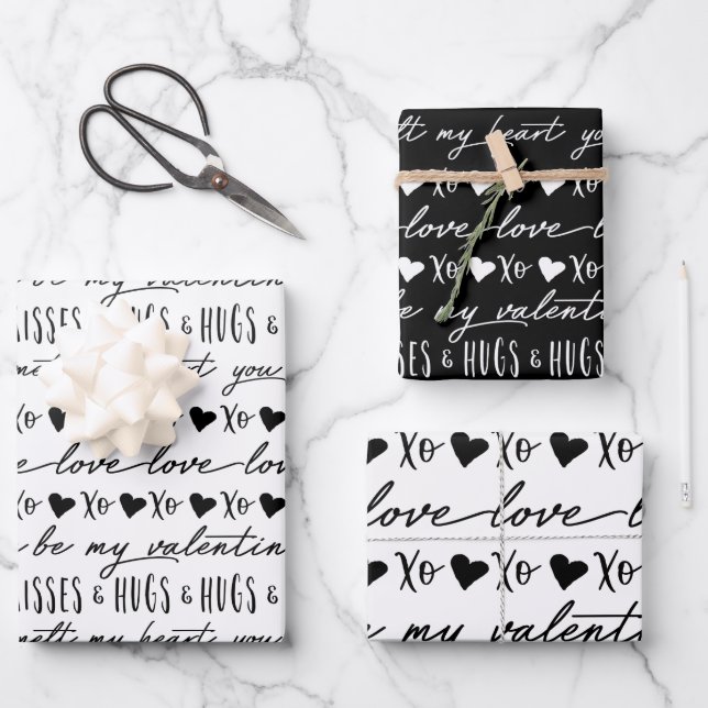 Trendy Black & White Calligraphy Be My Valentine Wrapping Paper Sheets (Front)