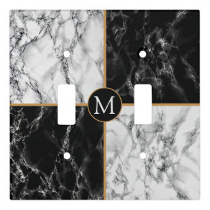 Trendy Black & White Check Marble -Add Your Letter Light Switch Cover