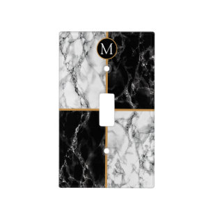Trendy Black & White Check Marble -Add Your Letter Light Switch Cover