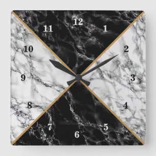 Trendy Black & White Check Marble Stones - Luxury Square Wall Clock