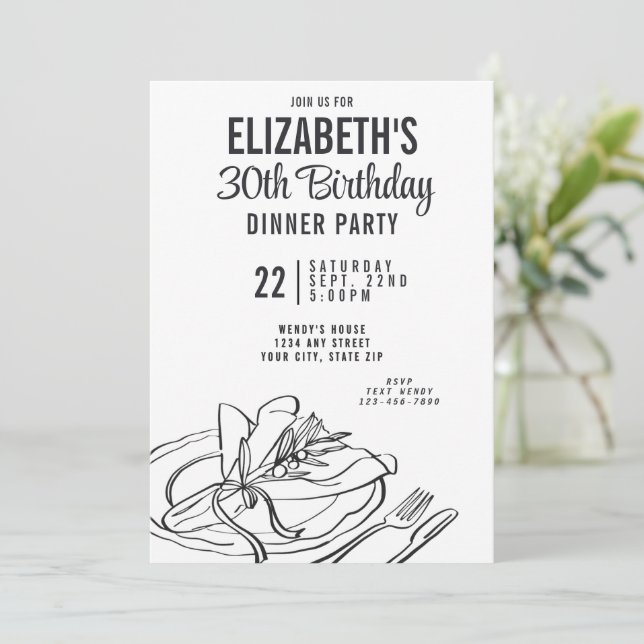 Trendy Black & White Dinner Party 30th Birthday Invitation (Standing Front)