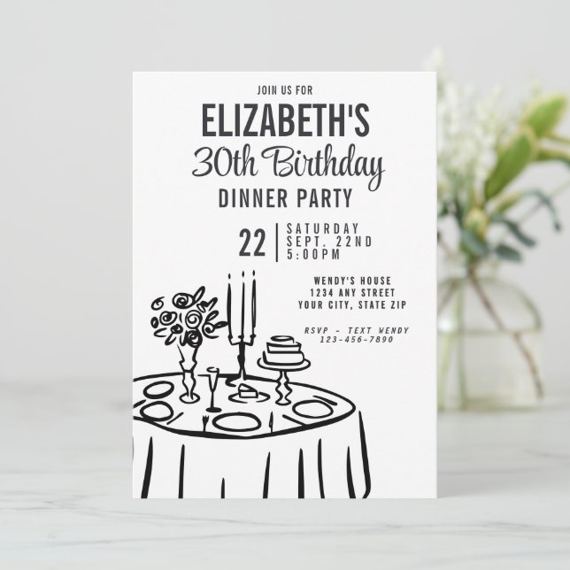 Trendy Black & White Dinner Party 30th Birthday Invitation (Standing Front)