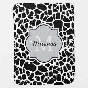 Trendy Black White Giraffe Print Monogrammed Name Baby Blanket