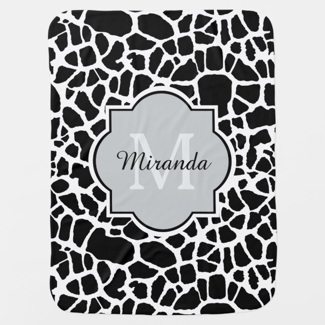 Trendy Black White Giraffe Print Monogrammed Name Baby Blanket (Front)