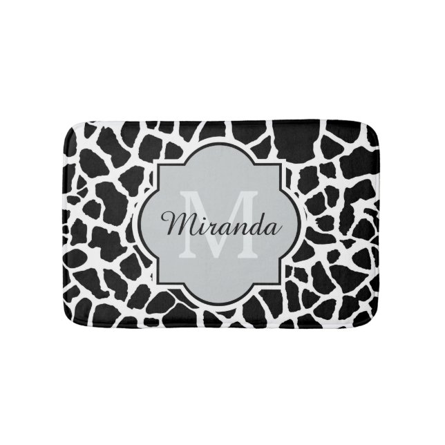 Trendy Black White Giraffe Print Monogrammed Name Bathroom Mat (Front)