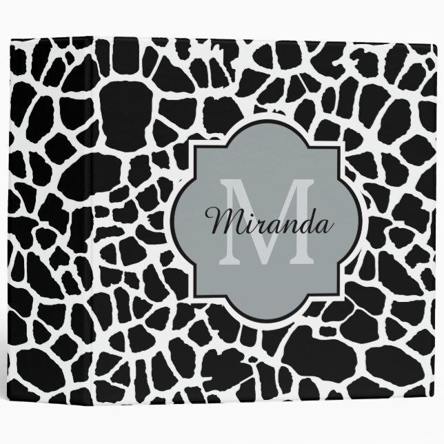 Trendy Black White Giraffe Print Monogrammed Name Binder (Front/Spine)