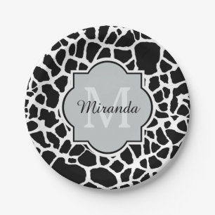 Trendy Black White Giraffe Print Monogrammed Name Paper Plates
