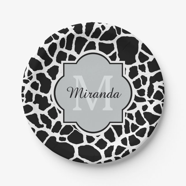 Trendy Black White Giraffe Print Monogrammed Name Paper Plates (Front)