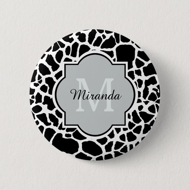Trendy Black White Giraffe Print Monogrammed Name Pinback Button (Front)