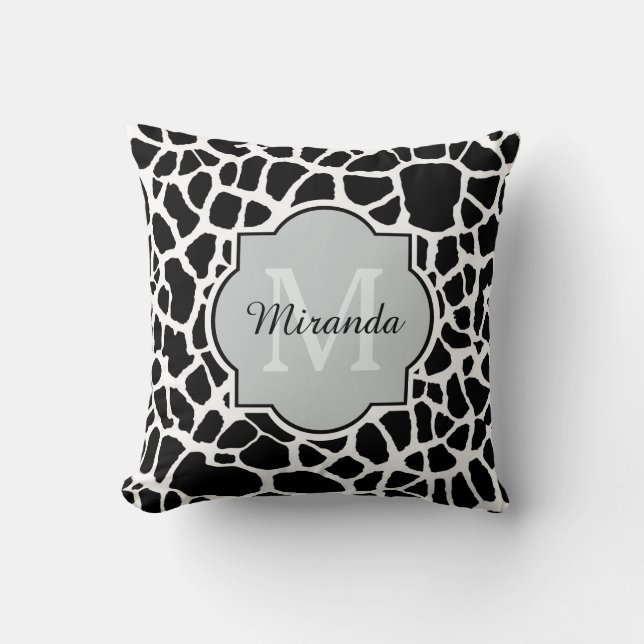 Trendy Black White Giraffe Print Monogrammed Name Throw Pillow (Front)