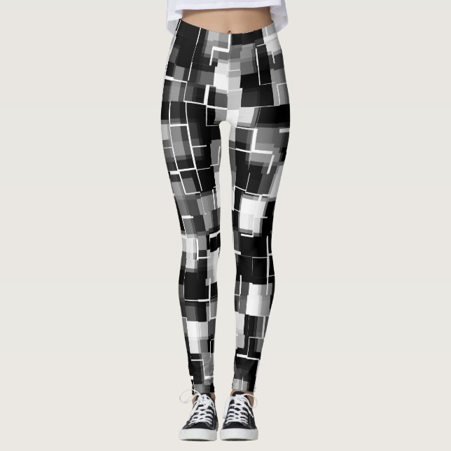 Trendy Black White Gray Abstract Pattern Leggings (Front)