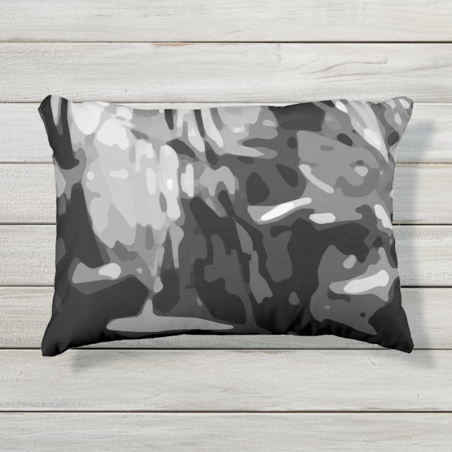Trendy Black White Gray Camo Abstract Pattern Outdoor Pillow (Front)
