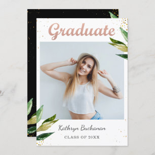 Trendy Black White Greenery Photo Graduation Party Invitation