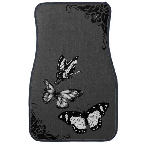 Trendy BlackWhite Grey ButterfliesScroll Design Car Floor Mat