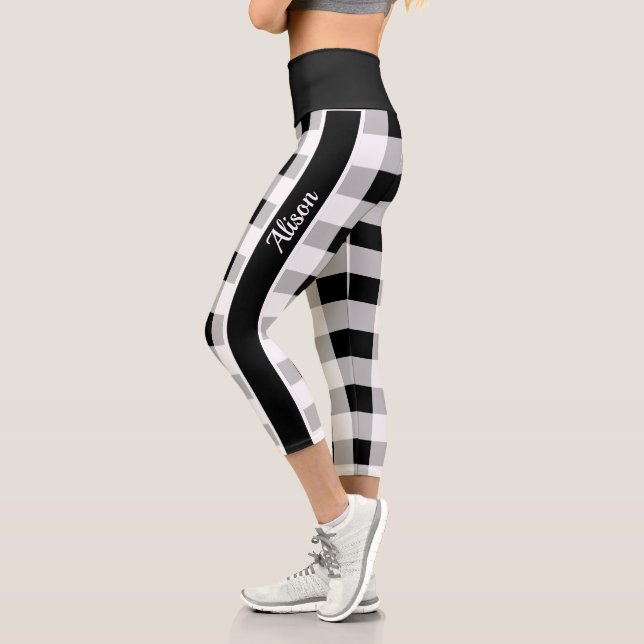 Trendy Black White Grey Checkered Pattern Custom Capri Leggings (Left)
