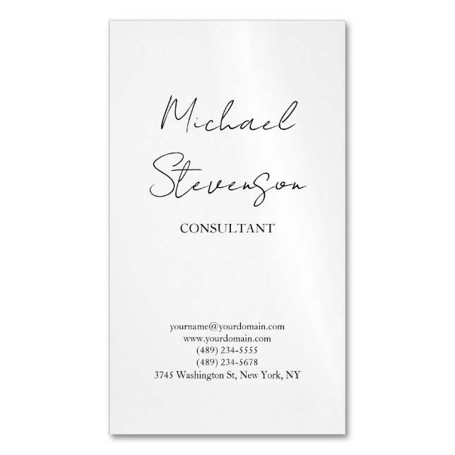 Trendy Black White Handwritten Minimalist Business Card Magnet (Front Vertical)