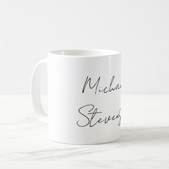 Trendy Black White Handwritten Minimalist Coffee Mug (Front Left)