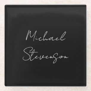 Trendy Black White Handwritten Minimalist Glass Coaster