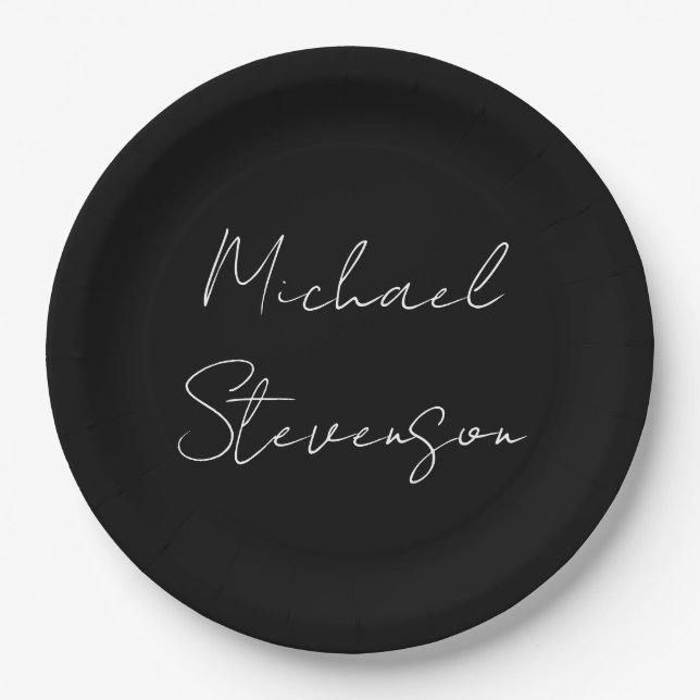 Trendy Black White Handwritten Minimalist Paper Plates (Front)