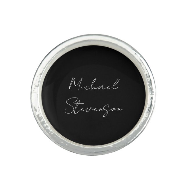 Trendy Black White Handwritten Minimalist Ring (Front)