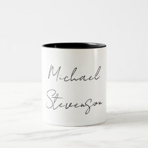Trendy Black White Handwritten Minimalist Two-Tone Coffee Mug