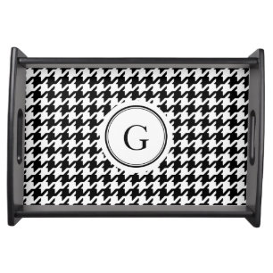 Trendy black white houndstooth pattern monogram serving tray