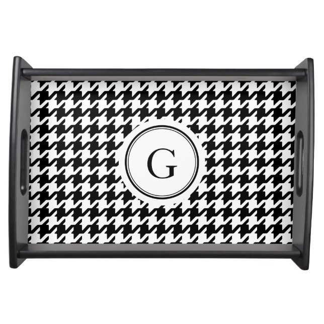 Trendy black white houndstooth pattern monogram serving tray (Front)