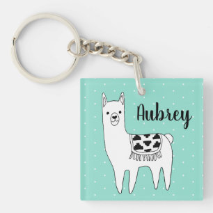Trendy Black & White Llama & Swiss Dots in Mint Keychain