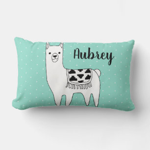 Trendy Black & White Llama & Swiss Dots in Mint Lumbar Pillow