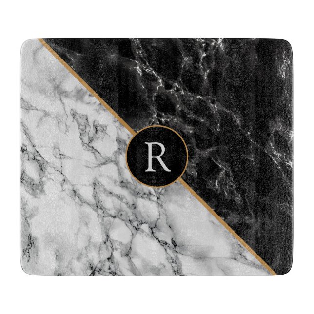 Trendy Black & White Marble Stone -Add Letter/Year Cutting Board (Front)