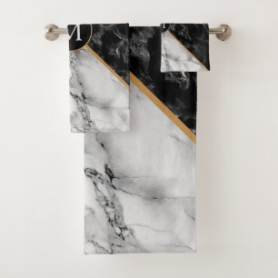Trendy Black & White Marble Stone -Add Your Letter Bath Towel Set