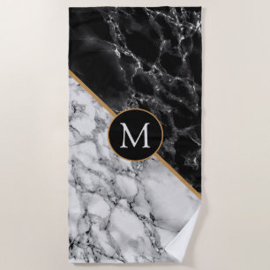 Trendy Black & White Marble Stone -Add Your Letter Beach Towel