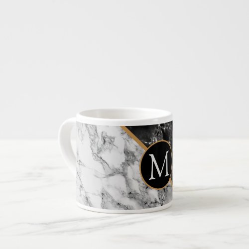 Trendy Black  White Marble Stone _Add Your Letter Espresso Cup
