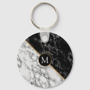 Trendy Black & White Marble Stone -Add Your Letter Keychain