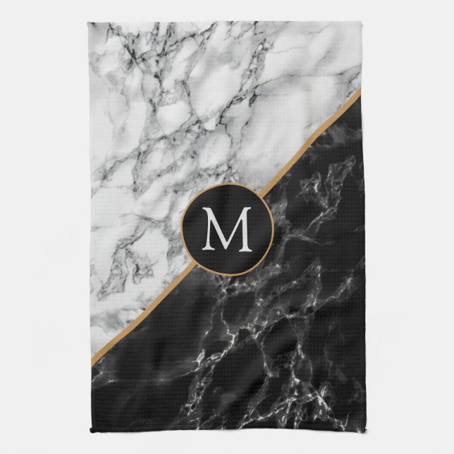 Trendy Black & White Marble Stone Add Your Letter Kitchen Towel (Vertical)