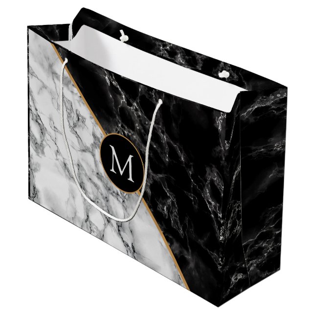 Trendy Black & White Marble Stone -Add Your Letter Large Gift Bag (Front Angled)