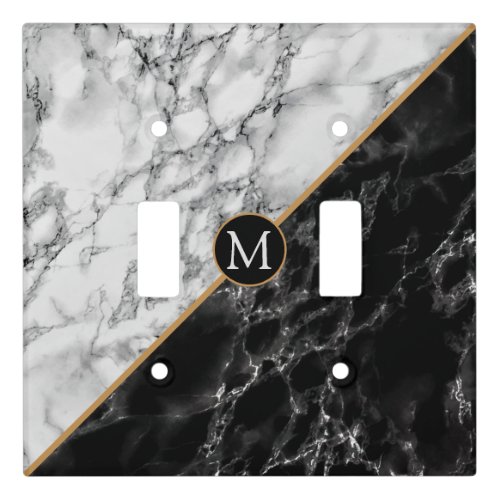 Trendy Black  White Marble Stone _Add Your Letter Light Switch Cover