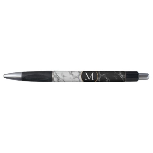 Trendy Black  White Marble Stone _Add Your Letter Pen