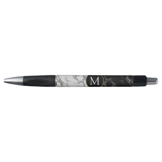 Trendy Black & White Marble Stone -Add Your Letter Pen (Front)