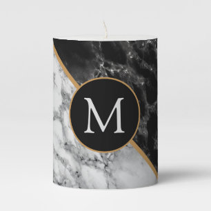 Trendy Black & White Marble Stone -Add Your Letter Pillar Candle