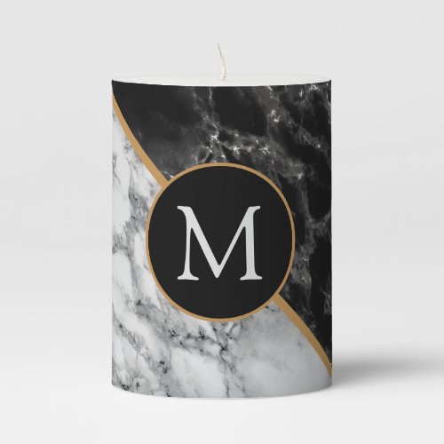 Trendy Black  White Marble Stone _Add Your Letter Pillar Candle