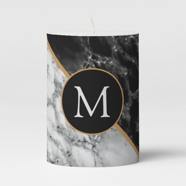 Trendy Black & White Marble Stone -Add Your Letter Pillar Candle (Front)
