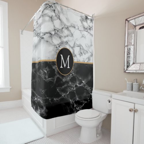 Trendy Black  White Marble Stone _Add Your Letter Shower Curtain