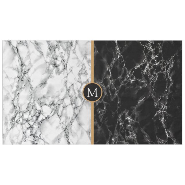 Trendy Black & White Marble Stone -Add Your Letter Tablecloth (Front (Horizontal))