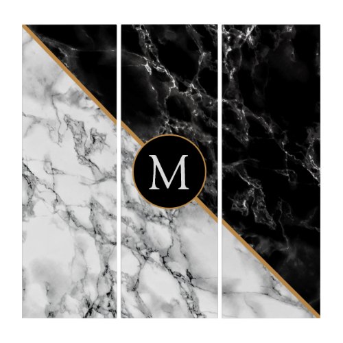 Trendy Black  White Marble Stone _Add Your Letter Triptych