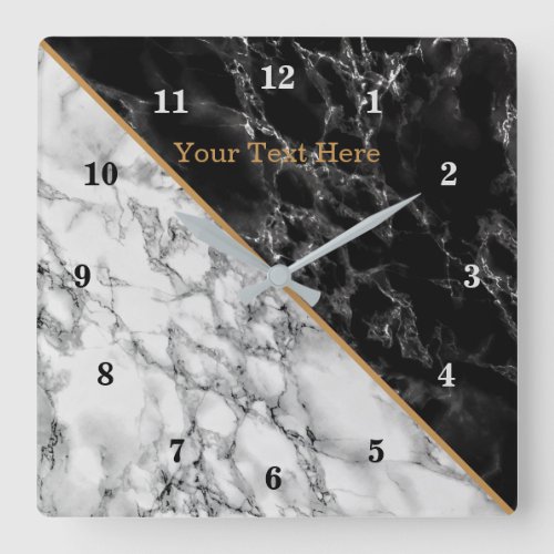 Trendy Black  White Marble Stone _ Add Your Text Square Wall Clock