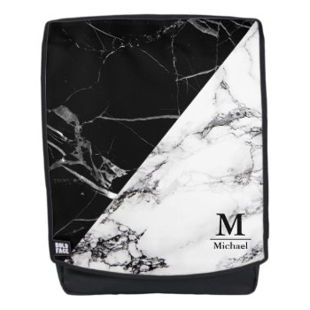 Trendy Black White Marble Texture Monogram Name Backpack by UrHomeNeeds at Zazzle
