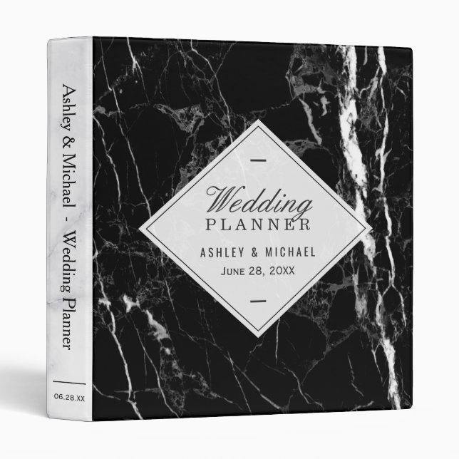 Trendy Black White Marble Texture Wedding Planner 3 Ring Binder (Front/Spine)