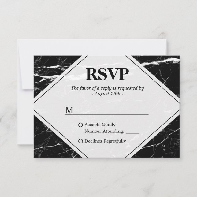 Trendy Black White Marble Wedding RSVP Card (Front)